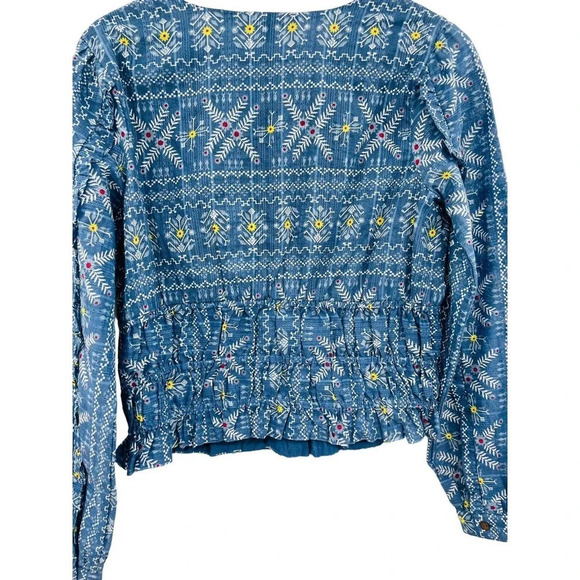 Anthropologie Forever That Girl Blue Floral Smocked Blouse Ruffled Size Small - Picture 6 of 11